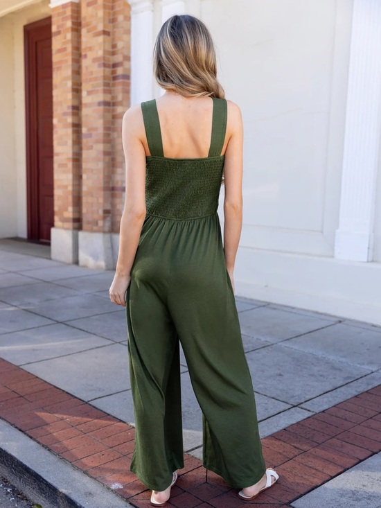 Olive Square Neck Smocked Bodice Wide Leg Jumpsuit XL NWT Vacation Travel Boho - Picture 3 of 11